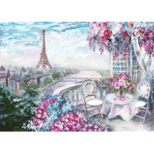 Квітуча тераса в кав'ярні з видом на Ейфелеву вежу (Eiffel tower)