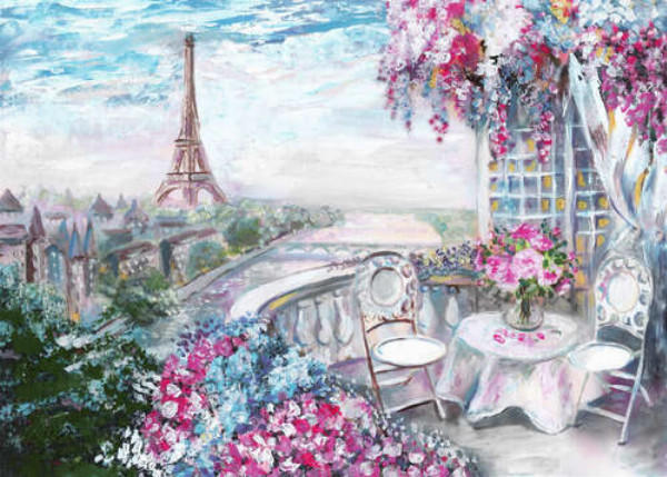 Цветущая терраса в кафе с видом на Эйфелеву башню (Eiffel tower)