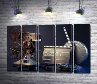 Модульная картина "Натюрморт кино: пленочный проектор, хлопушка и бобина"