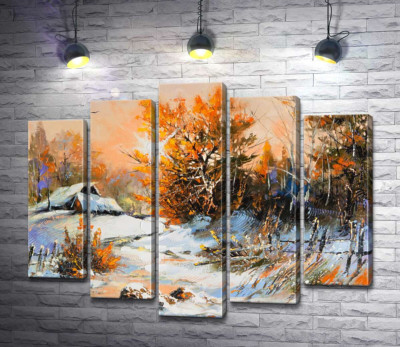 Солнце светит сквозь желтые листья куста возле заснеженной дороги
