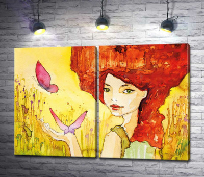Модульная картина "Рыжеволосая дама гуляет по полю с бабочками"