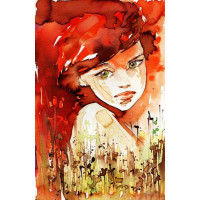 Силуэт зеленоглазой девушки с пылающими рыжими волосами