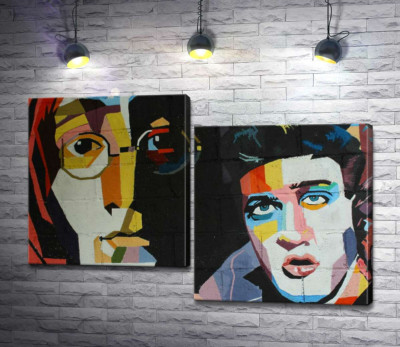 Модульная картина "Граффити с легендарными Джоном Ленноном (John Lennon) и Элвисом Пресли (Elvis Presley)"