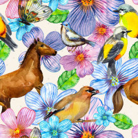 Акварельный узор из лошадей, птиц и цветов