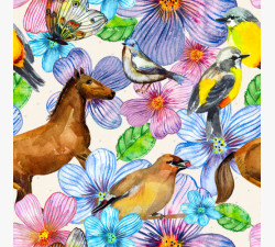 Акварельный узор из лошадей, птиц и цветов