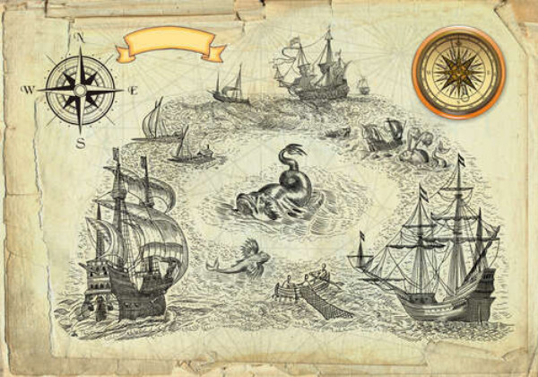 Старовинний пергамент із зображенням кораблів та морського чудовиська