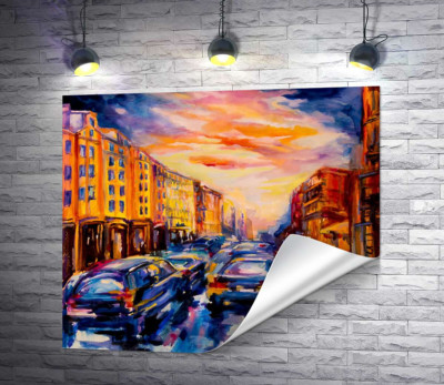 Автомобили стоят в пробке возле нарядных домов