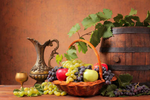 Наполненная яблоками и виноградом корзина в окружении бочки и кувшина