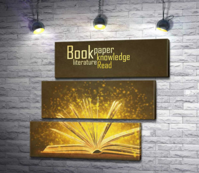 Золоті іскри знань літають між сторінками книги