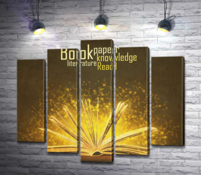 Золоті іскри знань літають між сторінками книги