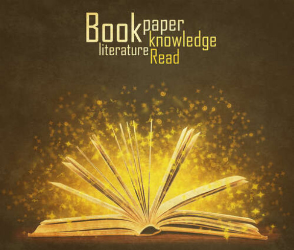 Золотые искры знаний летают между страницами книги