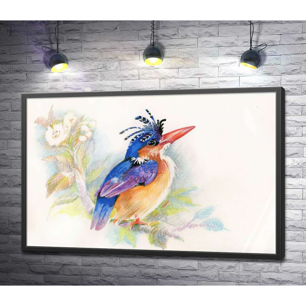 Синій птах рибалочка сидить на квітучій гілці