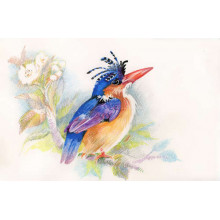 Синяя птица зимородок сидит на цветущей ветке