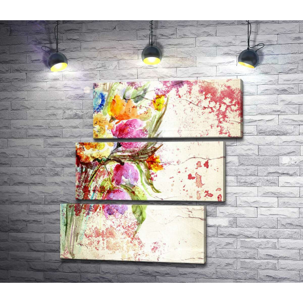 Свежий букет весенних цветов, изображенный на стене