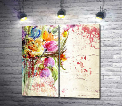Модульна картина "Свіжий букет весняних квітів, зображений на стіні"