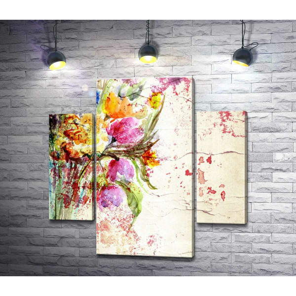 Свежий букет весенних цветов, изображенный на стене