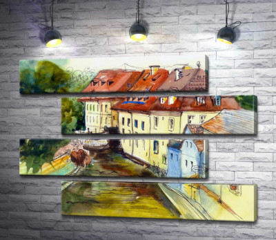 Модульная картина "Красота старинных домов на берегу реки"