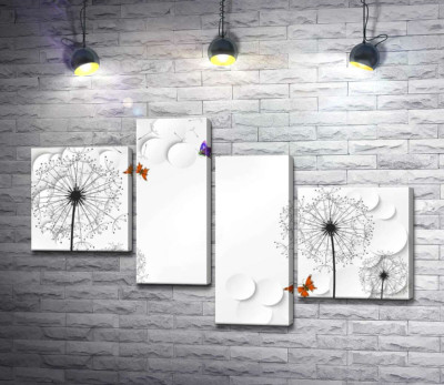 Кольорові метелики летять до прозорих кульбабок