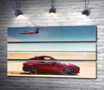 Модульная картина "Красный автомобиль Jaguar F-Type R разминулся с самолетом среди пустыни"