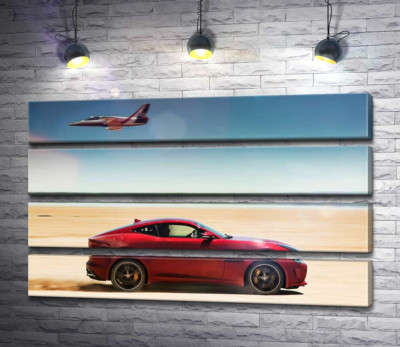 Модульна картина "Червоний автомобіль Jaguar F-Type R розминувся з літаком серед пустелі"