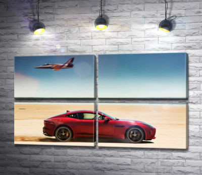 Червоний автомобіль Jaguar F-Type R розминувся з літаком серед пустелі