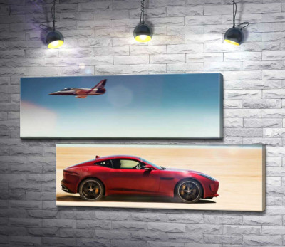 Червоний автомобіль Jaguar F-Type R розминувся з літаком серед пустелі
