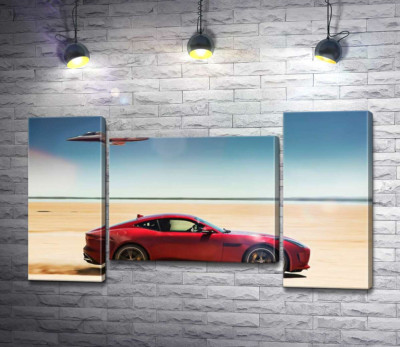 Модульная картина "Красный автомобиль Jaguar F-Type R разминулся с самолетом среди пустыни"