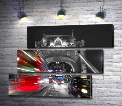 Модульная картина "Автомобили мчатся по ночному Тауэрскому мосту (Tower Bridge)"