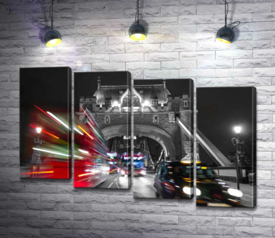 Модульная картина "Автомобили мчатся по ночному Тауэрскому мосту (Tower Bridge)"