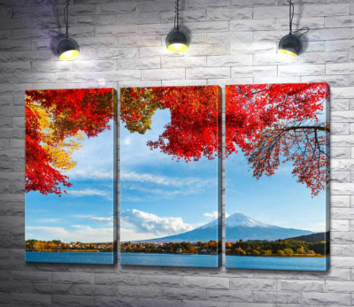Модульная картина "Вид на гору Фудзи (Mount Fuji) из тени осенних деревьев"