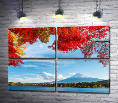 Модульна картина "Вид на гору Фудзі (Mount Fuji) з тіні осінніх дерев "