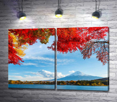 Вид на гору Фудзі (Mount Fuji) з тіні осінніх дерев 