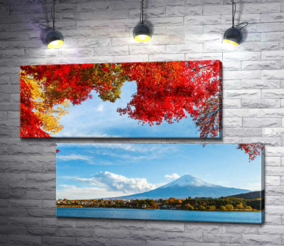 Модульная картина "Вид на гору Фудзи (Mount Fuji) из тени осенних деревьев"