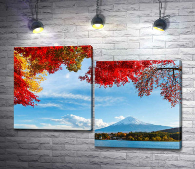Модульная картина "Вид на гору Фудзи (Mount Fuji) из тени осенних деревьев"