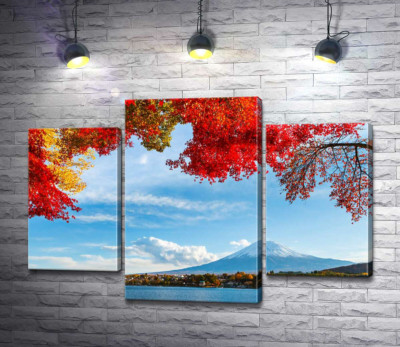 Модульна картина "Вид на гору Фудзі (Mount Fuji) з тіні осінніх дерев "