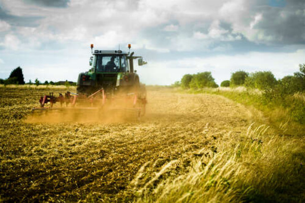 Трактор пашет землю в поле