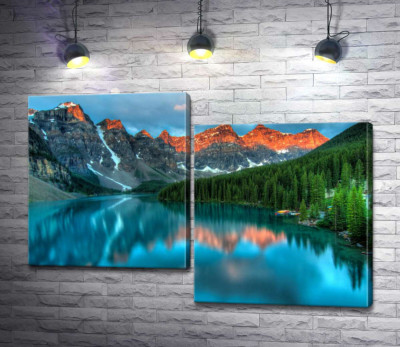 Модульная картина "Бирюзовые воды озера Морейн (Moraine Lake) окружены высокими горами"