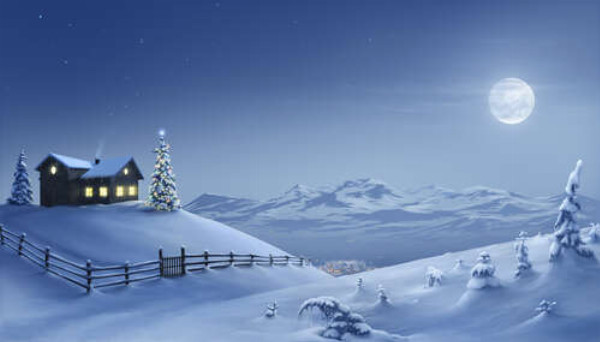 Луна светит на заснеженный холм с праздничным домом
