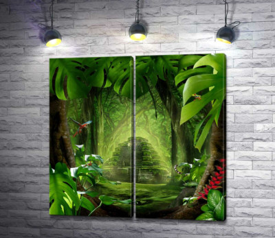 Модульна картина "Густі джунглі показують дорогу до стародавньої піраміди майя "