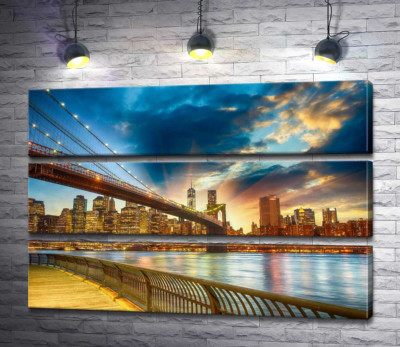 Модульная картина "Бруклинский мост (Brooklyn Bridge) ведет к многолюдному мегаполису"