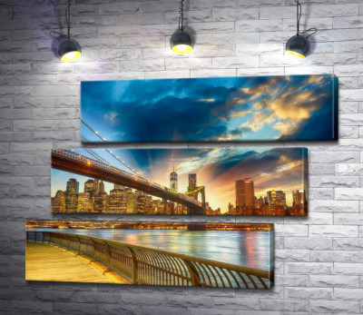 Модульная картина "Бруклинский мост (Brooklyn Bridge) ведет к многолюдному мегаполису"