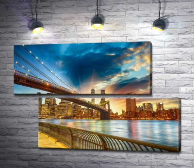 Модульная картина "Бруклинский мост (Brooklyn Bridge) ведет к многолюдному мегаполису"