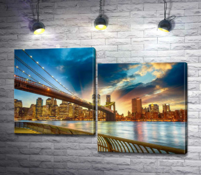 Бруклинский мост (Brooklyn Bridge) ведет к многолюдному мегаполису