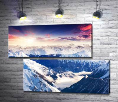 Модульная картина "Солнечные лучи падают на заснеженные вершины горных хребтов"