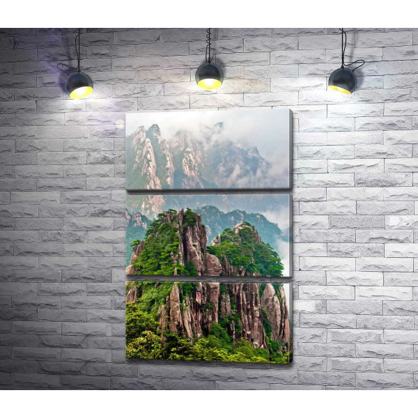 Скалистые горы Хуаншань украшены зелеными кронами деревьев