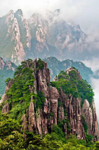 Скелясті гори Хуаншань прикрашені зеленими кронами дерев