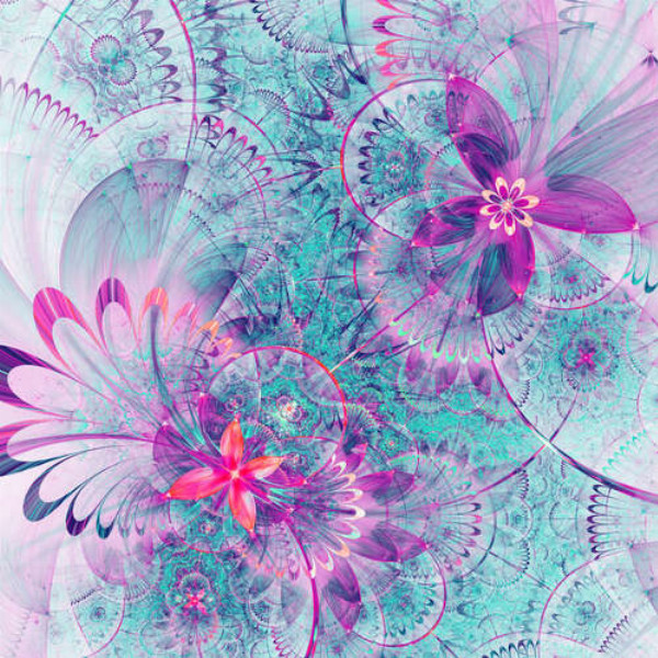 Блакитний орнамент переплітається з фіолетовими квітами
