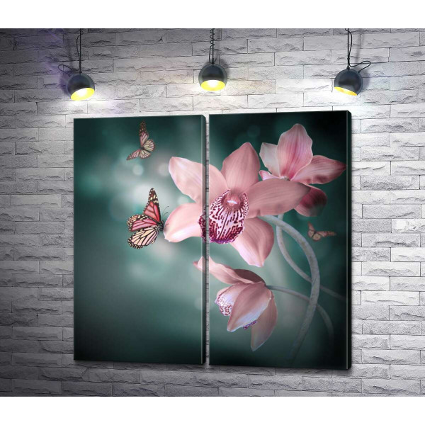 Бабочки кружатся между пастельно-розовыми орхидеями