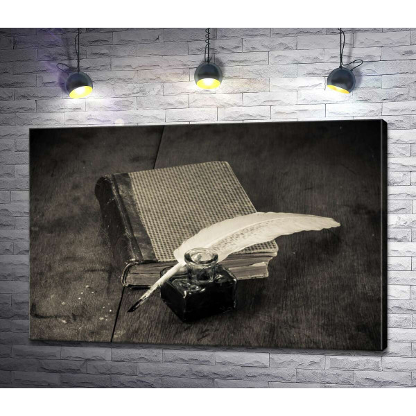 Элегантное белое перо лежит на старой книге рядом со стеклянной чернильницей