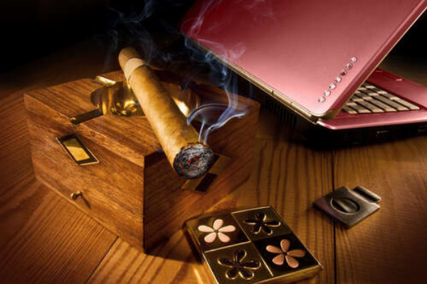 Толстая сигара пускает дым на перламутровую поверхность ноутбука